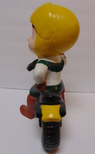 LARGE Vintage 1970 ' s Atlantic Mold Ceramic Boy RIDING A MOTORCYCLE GREEN YELLOW 7