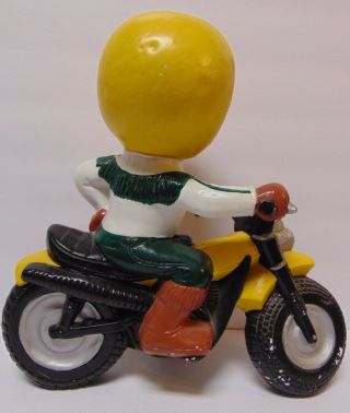 LARGE Vintage 1970 ' s Atlantic Mold Ceramic Boy RIDING A MOTORCYCLE GREEN YELLOW 8
