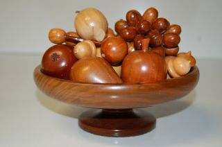 Vintage 8 1/2 " Hand Turned / Carved Fruit & Bowl Set - Craftsmanship