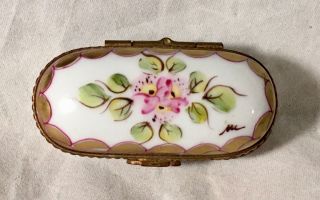 Limoges France Small Hinged Trinket Box Peint Main Floral Signed