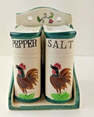 Vintage Chicken/rooster Salt And Pepper Shakers Book Shape With Tray / Shelf
