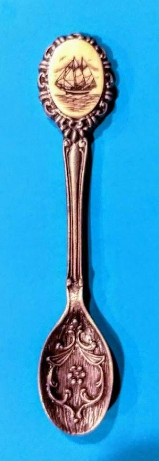 Pewter Collectible Souvenir Spoon With Tall Sailing Ship Emblem Exc Cond