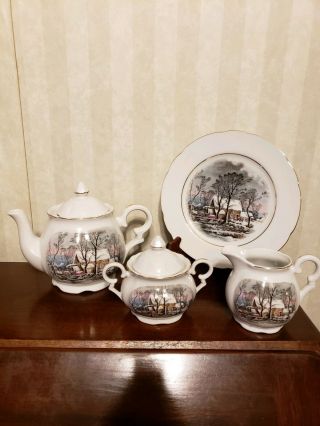 4 Piece Avon Collectibles Currier And Ives Teapot Set Awarded To Avon Reps