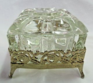 Trinket Jewelry Box Clear Glass In Rose Design Gold Metal Filigree Holder