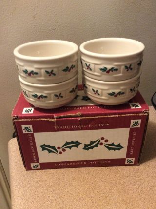 Longaberger Pottery 4 Of Custard Cups Woven Tradition Holly