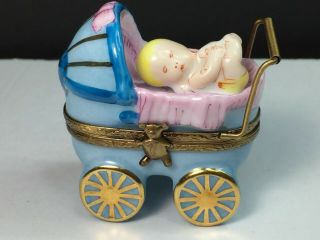 Limoges France Peint Main Porcelain " Baby Carriage " Trinket Box