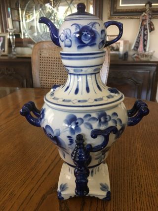 Authentic Hand Made Porcelain Ghzel Samovar With A Tea Pot 10” Tall