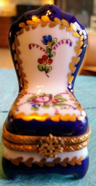 Limoges France Blue Lady’s Floral Boudoir Chair Trinket Box Peint Main Dubarry