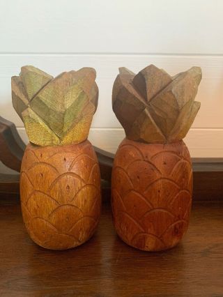 Vintage Hand Carved Wood Pineapple Candlestick Holders Art Deco Tiki - Pair