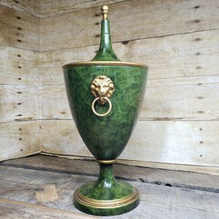 Vintage Italian Metal Vase Decor Lion Head Urn Italy Green Gold