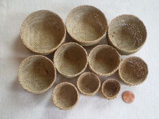 Vintage Set Of 10 Miniature Graduated Nesting Baskets Hand Made In Alaska