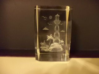 3 - D Laser Etched Clear Crystal Glass Lighthouse Paperweight