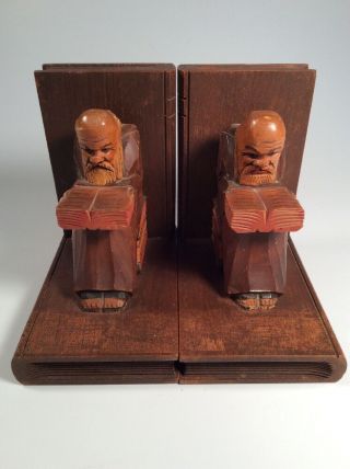 Vintage Wooden Bookends Old Man Reading