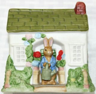 Beatrix Potter Figurine Of Peter Rabbit Coming Out Of His House To Water Flowers