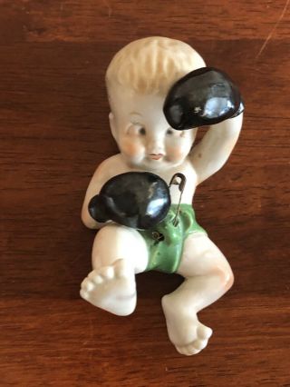 Ceramic Boxing Baby Wearing Green Diaper Safety Pin Figurative Figure Made Japan