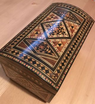 Vintage Syrian Mosaic Jewelry Dresser Box Wood Domed Lid 8” By 5” By 5”