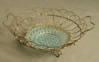Vintage Glass & Wire Basket - Blue - 3 Feet On Bottom - 8 5/8 " Wide - Pp