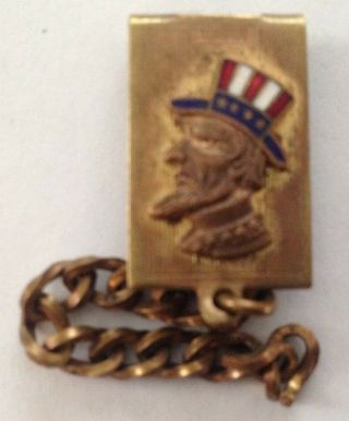 Vintage Brass Metal Abraham Abe Lincoln Money Tie Clip Chain Red White Blue Hat