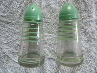 Vintage Hazel Atlas Green Striped Clear Glass Salt And Pepper Shakers