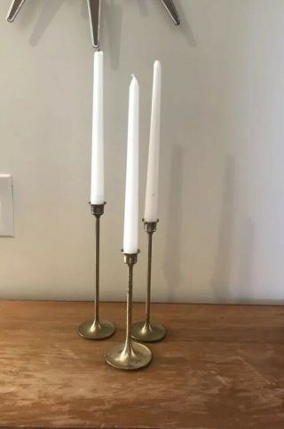 Set Of 3 Vintage Mid Century Brass Tulip Candlesticks Candle Holders Wedding