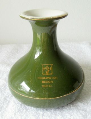 Vintage Dark Emerald Green Hall Vase 5” Advertising Edgewater Beach Hotel Vgc