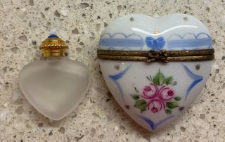 Limoges Peint Main France Perfume Bottle In Porcelain Heart Box