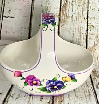 Vintage Teleflora Gift Brand Ceramic Handled Basket White With Flower Design