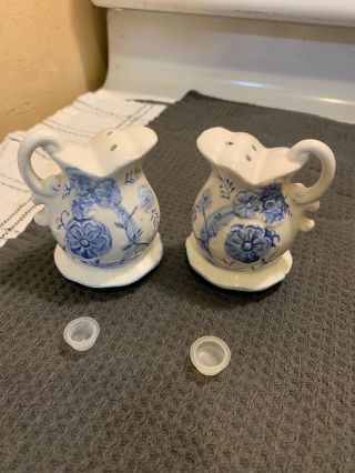 Pitchers With White And Blue Flowers - Salt & Pepper Shakers