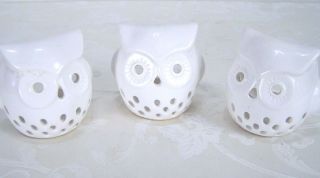 Set Of 3 White Ceramic Owl Candle Cone Incense Holders