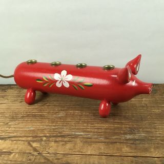 Swedish Red Folk Art Painted Flower Wooden Pig Candle Holder