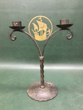 Arts & Crafts Spanish Revival Wrought Iron & Brass Ship Candlestick