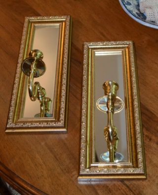 2 Classic Gold Wood Framed Mirrored Wall Sconces W Brass Candle Holders 5 " X14 "