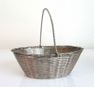 Small Vintage Silvertone Oval Metal Basket With Handle