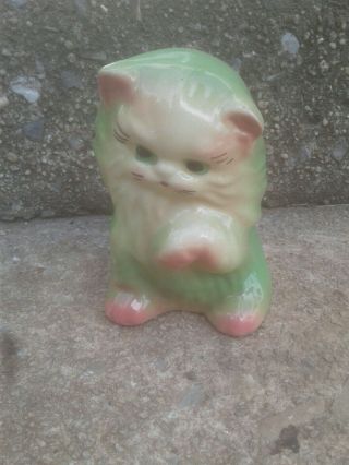 Vintage Kitty Cat Ceramic Planter 4.  5 " Tall Green Iii