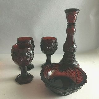 Avon Cape Cod Ruby Red 3 Goblets 4.  5 " Glasses Candle Holder 8.  5 " Trinket Dish 5 "