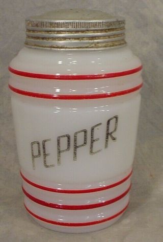 Vintage Depression Milk Glass With Red Stripes Shaker - - Pepper In Black