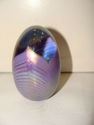 Pulled Feather Design Egg Shaped Paperweight By Obg Ornamental Blown Glass