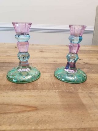 Partylite Mardi Gras 5 " Candle Holders Multi Color Glass Tapered,  Retired Pair