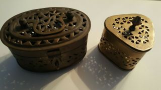 Two Vintage Brass Jewelry Trinket Cricket Box 1 W Hinged Lid & Handle 1 Sm India
