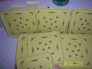 9 Vintage Retro Square Metal Enameled Yellow Flowered Trays Plates 10 1/2 "