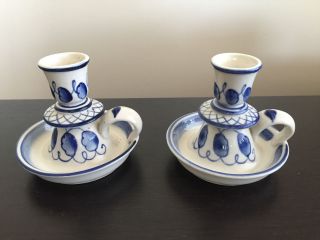 Fine Vintage Gzhel ? Ussr Blue White Porcelain Pair Set Of 2 Candle Holders Art