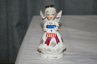 Vintage July Angel Of The Month Figurine Holding Flag Spaghetti Trim