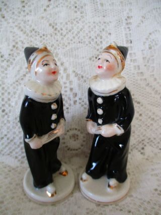 Pair Vintage Moriyama 4 " Black & White Harlequin Clown Figurines Occupied Japan