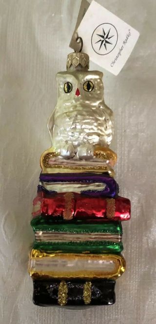 Christopher Radko Hoo Dunit Wise Owl Stack Of Books Vintage Glass Ornament