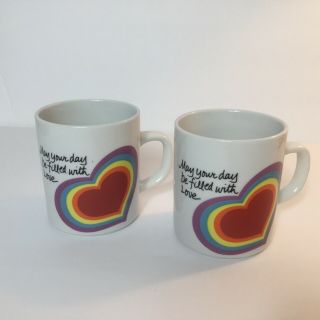 Vintage 1983 The Love Mug Coffee Cup Mug Rainbow Heart Set Of 2