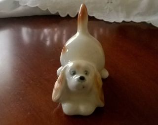 Vintage Ceramic White And Brown 3 1/2 " Long Dog Figurine