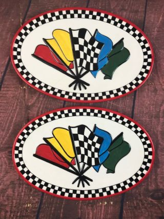 Fitz And Floyd “start Your Engines” Race Car Platters Race Track Flags Set Of 2