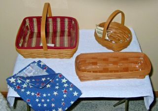 (3) Longaberger Baskets - Napkin,  Cracker,  Spring Booking,  Liners & Linen Napkin
