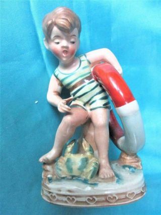 Vintage Bathing Beauty Figurine Boy With Crab And Swimming Tube Occupied Japan