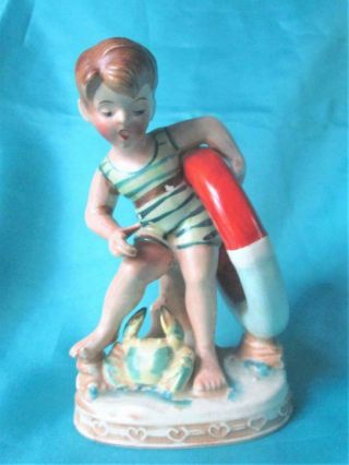 Vintage Bathing Beauty Figurine Boy with Crab and Swimming Tube Occupied Japan 4